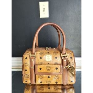 MCM Visetos Boston Bag Cognac With MCM Charm